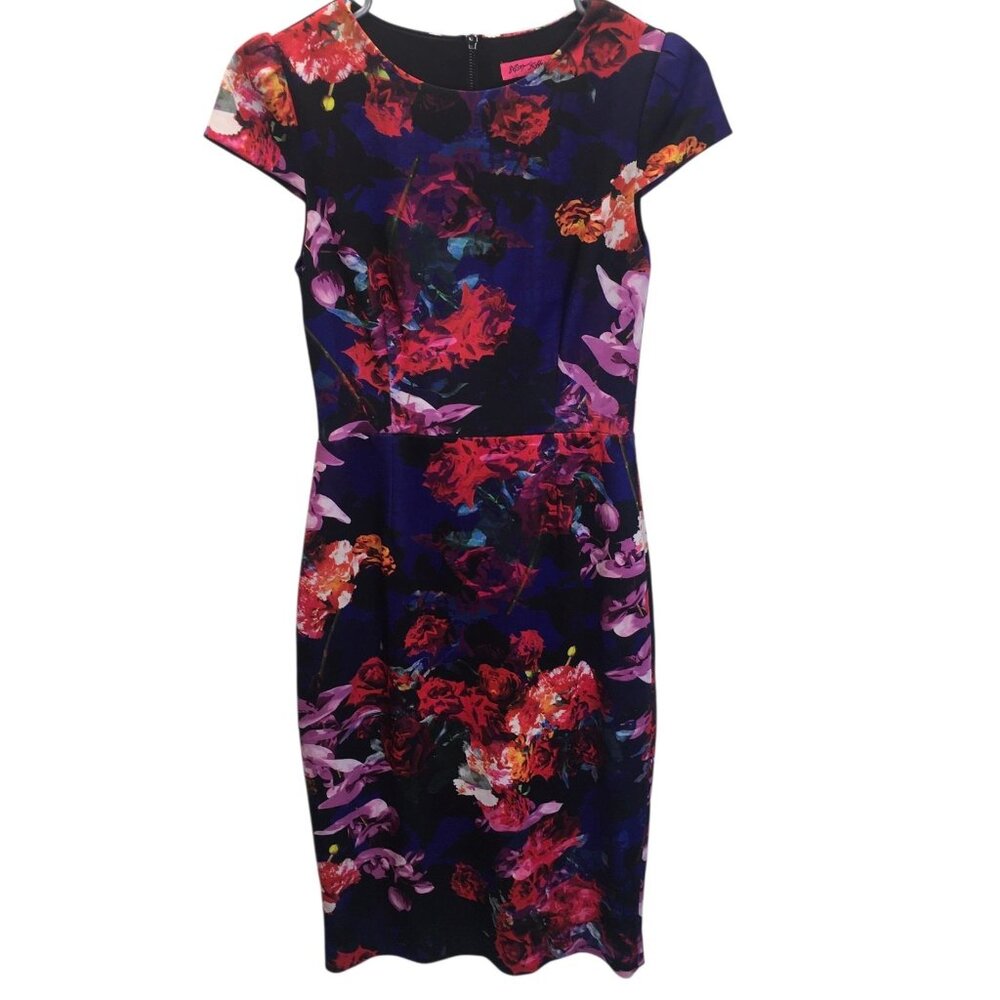 Betsey Johnson Dress Womens 2 Black Floral Cap Sleeve Sheath Back Zip Cocktail - Picture 3 of 16
